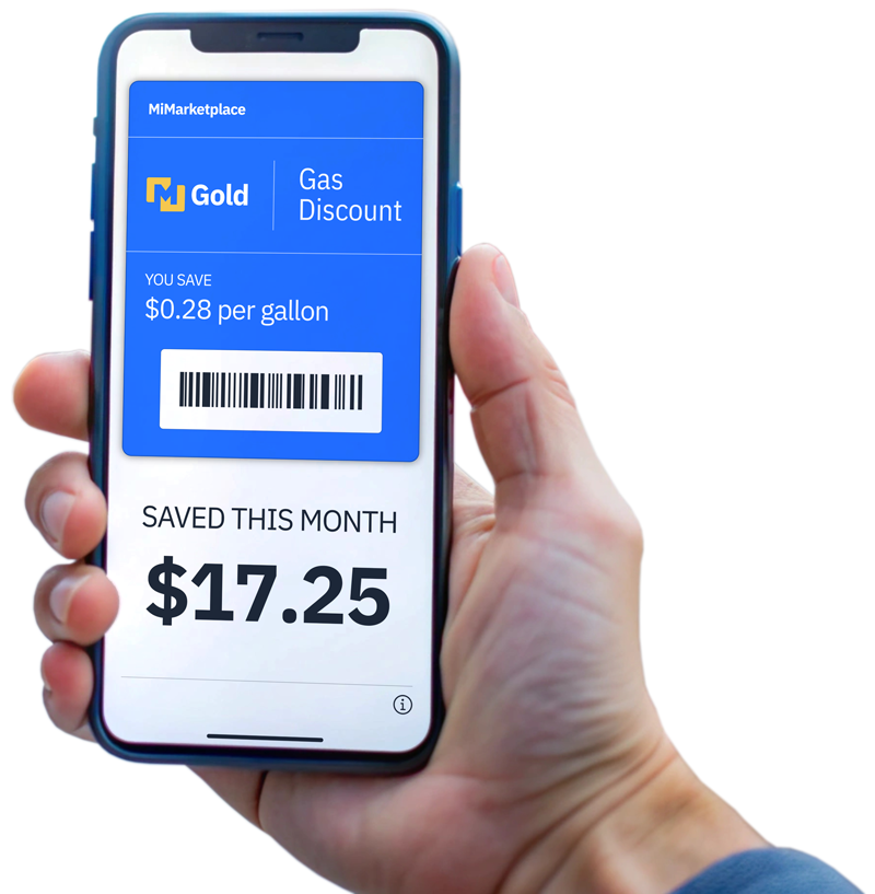 Isolated photo of hand holding smartphone with Gas Discount card displayed on screen