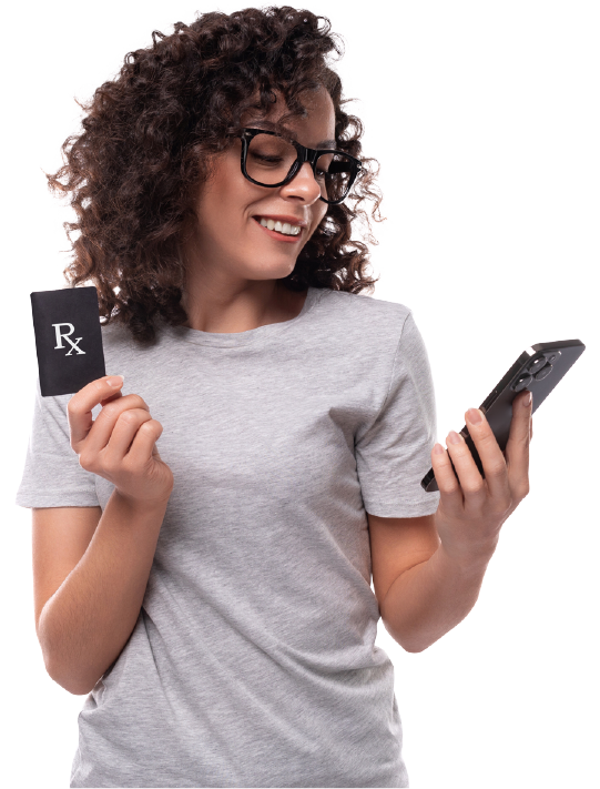 Woman with shoulder length curly hair holds a card with Rx logo while looking at her phone